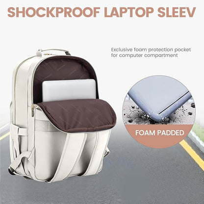 LOVEVOOK Leather Backpack for Women,15.6 inch Leather Laptop Backpack Women Computer Backpack Laptop Bag,Stylish Quilted Travel Backpack Purse Work Bag College Teacher Backpack with USB Port,Off-white