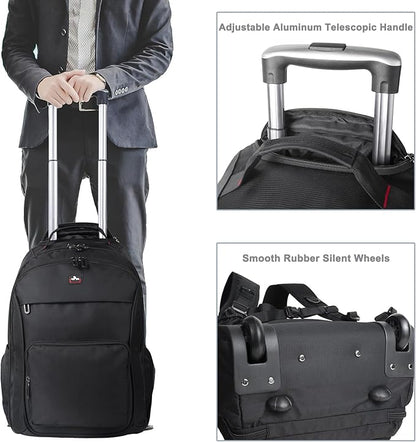 Rolling Backpack for Laptop 15.6 inch, Waterproof Travel Bag with Wheels, Business Carry on Luggage, Multi-compartments, Adjustable Aluminum Telescopic Handle, Black