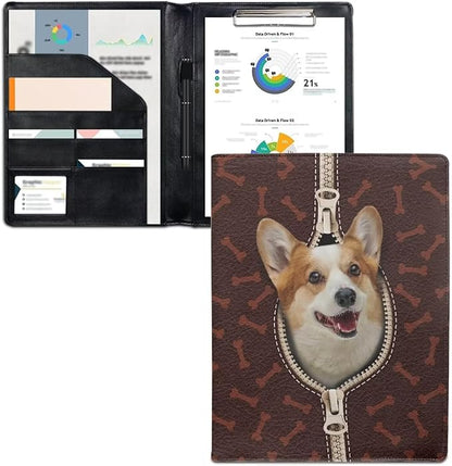 Cute Dog Printed Portfolio Folder Leather Padfolio with A4 Size Clipboard Clip for Business Resume Interview Document Sleeve Binder Folder for Men/Women