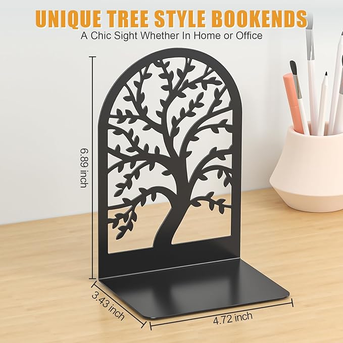 VFINE Decorative Bookends 3 Pairs, Tree Metal Bookends, Unique Black Book Ends to Hold Books, Book Holder for Heavy Books, Home Decorative Book Stoppers for Shelves (6 Pieces)