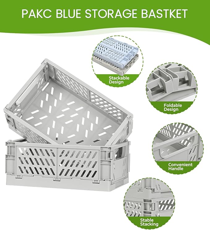 4-Pack Small Pastel Plastic Storage Baskets, Collapsible Crates for Organizing, Space-Saving Mini Bins for Classroom, Kitchen, Office, Bedroom (Grey, 9.8" x 6.5" x 3.8")