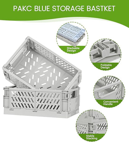2-Pack Small Pastel Plastic Storage Baskets, Collapsible Crates for Organizing, Space-Saving Mini Bins for Classroom, Kitchen, Office, Bedroom (Grey, 9.8" x 6.5" x 3.8")