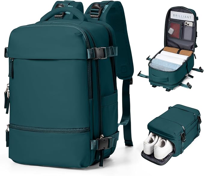 Travel Backpack Simple Durable Carry On Backpack with Shoe Compartment, Personal Item Travel Bag Flight Approved, Water Resistant Laptop Backpack for Women Men Weekender Business, Peacock Blue