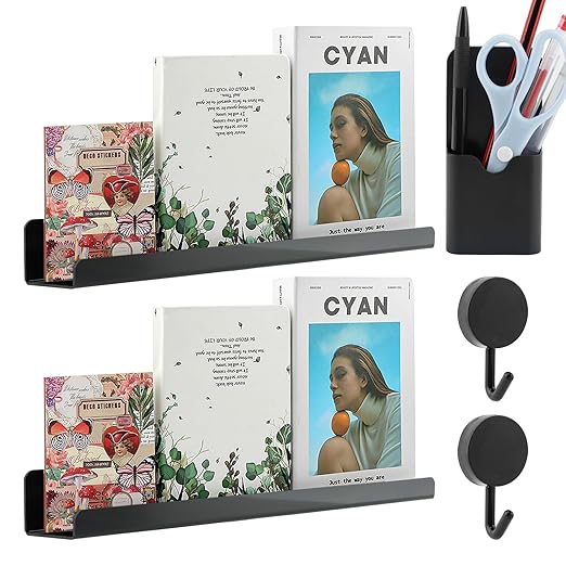 Magnetic Book Shelf for Whiteboard, Magnetic Book Holder File Rack with a Pen Container and Two Hook Acrylic Book Shelves Metal Floating Book Display Shelf for Teacher Kids Room Office(Black)