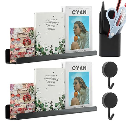 Magnetic Book Shelf for Whiteboard, Magnetic Book Holder File Rack with a Pen Container and Two Hook Acrylic Book Shelves Metal Floating Book Display Shelf for Teacher Kids Room Office(Black)