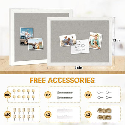 DOLLAR BOSS Cork Boards with Linen 2-Pack 16''X 12'' Cork Board for Walls White Wood Framed Small Bulletin Board Hanging Pin Board for Home Kitchen Office Decoration 20 Pushpin, Grey