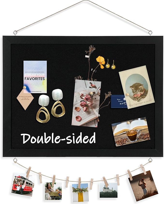 DOLLAR BOSS Black Cork Board with Linen Double-Sided 16''X 12'', Black Cork Boards for Walls, Wood Frame Bulletin Board Hanging Pin Board, Cork Board for Office Home School 1-Pack