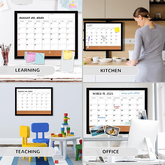 ABERLLS Monthly Calendar Dry Erase Board for Wall, 17''x13'' Whiteboard with Black Wood Framed, Magnetic White Boards, 2in1 White Board Cork Board Combo