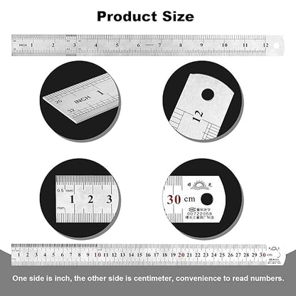 Architectural Scale Ruler Set, 2 Pack 12 Inch Aluminum Architect Ruler with Standard Metal Ruler, Imperial Architect Triangular Ruler with Etching for Architects, Engineers, Students and Draftsman