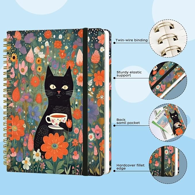 Spiral Notebook - A5 Spiral Notebooks, 8.3'' × 5.8'', 160 Pages, Aesthetic Journaling Notebooks for Women, College Lined Notebook with Elastic Closure, Back Pocket, for School Office, Cat flower