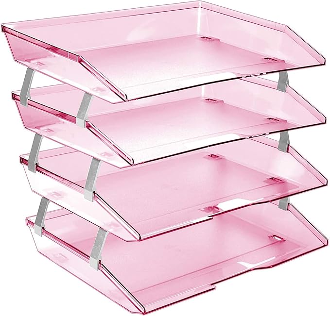 Acrimet 4 Tier Side Load Letter Tray Facility, Desktop File Organizer, A4 Letter Size Paper Organizer, Minimalist Storage Solution Paper Tray for Office, Home, Classroom (Plastic, Clear Pink Color)