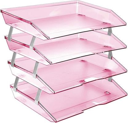 Acrimet 4 Tier Side Load Letter Tray Facility, Desktop File Organizer, A4 Letter Size Paper Organizer, Minimalist Storage Solution Paper Tray for Office, Home, Classroom (Plastic, Clear Pink Color)