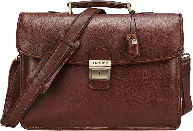 Banuce Slim Vintage Full Grain Italian Leather Briefcase for Men with Lock 14 Inch Laptop Bag Business Work Bags Attache Case Brown