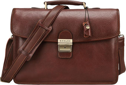 Banuce Slim Vintage Full Grain Italian Leather Briefcase for Men with Lock 14 Inch Laptop Bag Business Work Bags Attache Case Brown