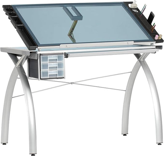 SD STUDIO DESIGNS Futura Crafting, Drafting, Drawing Adjustable Top Hobby Table Writing Studio Art Desk with Drawers, 38''W x 24''D, Tempered, Silver/Blue Glass