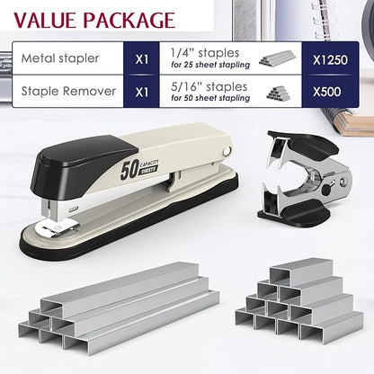 Metal Stapler Heavy Duty 50 Sheet Capacity with 1750 Staples and Staple Remover, White Stapler Full Strip Staplers for Desk, No Jam, Non-Slip Office Stapler with Staples for Office & Classroom, White