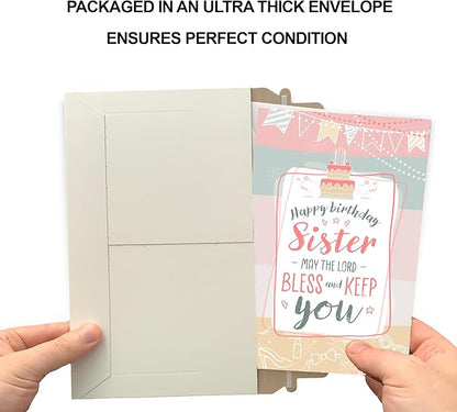 Prime Greetings Religious Birthday Card For Sister, Made in America, Eco-Friendly, Thick Card Stock with Premium Envelope 5in x 7.75in, Packaged in Protective Mailer