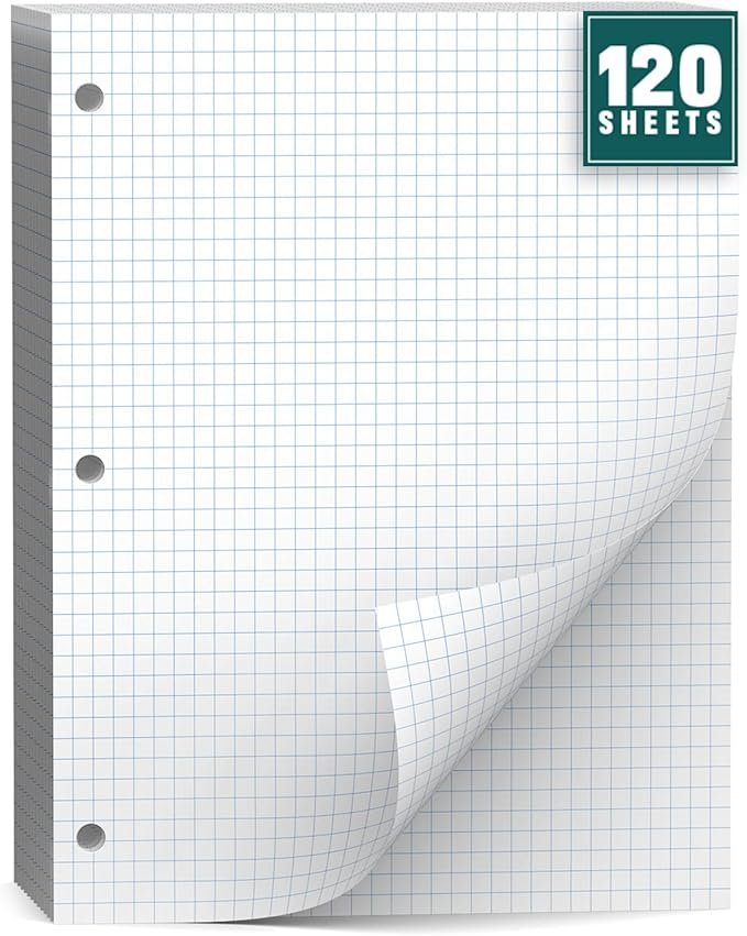 Loose Leaf Graph paper 8 x 10.5, Graph Ruled Paper, 3 Hole Punched Paper, 4 x 4 Quad Ruled Graph Paper, 10-1/2" x 8" Filler Paper Notebook Paper, 120 Sheets Graphing Paper for Business Home School