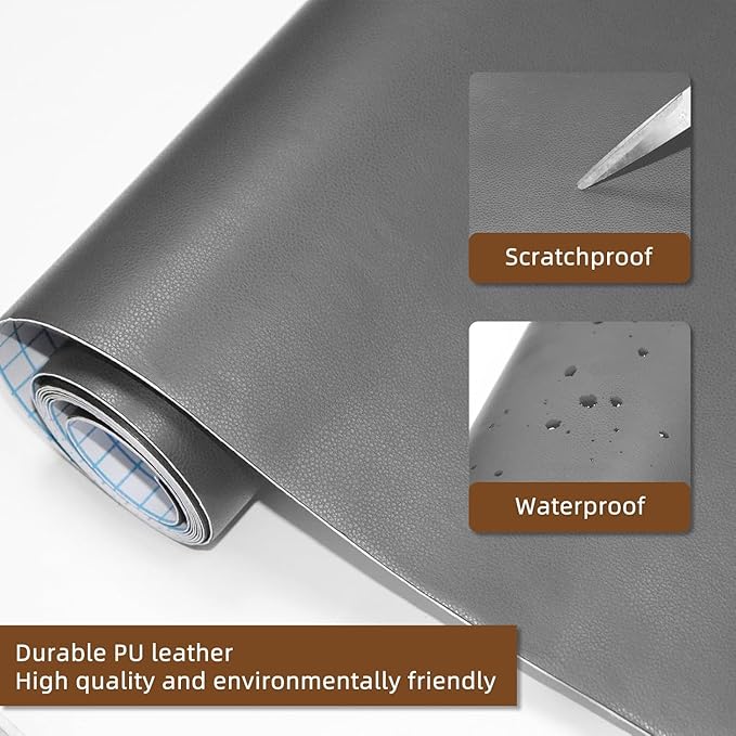 CHEIGHY Leather Repair Kit for Furniture - Advanced PU Material, Strong Self Adhesive Leather Repair Patch for Couch 17X79 inch Vinyl Repair Tape for Car Seat Upholstery Sofa Office Chair (Grey)