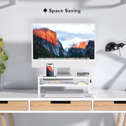 BONTEC Monitor Stand Riser White, 2 Tiers Wood Monitor Riser Stand with Storage Organizer, Desktop Ergonomic Monitor Stand Riser with Cellphone Holder and Cable Management, 16.5 Inch Desk Shelf