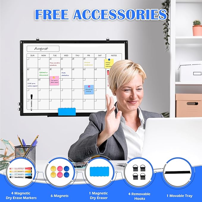 Monthly Calendar Dry Erase Whiteboard, 24" x 18" Magnetic Calendar White Board, Double-Sided Portable Board with Black Aluminium Frame for Office, Kitchen, School, Home