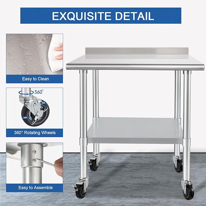 HARDURA Stainless Steel Table 30 x 36 Inches with Wheels Casters NSF Heavy Duty Commercial Prep Table with 2” Backsplash and Adjustable Undershelf for Restaurant Kitchen Home and Hotel