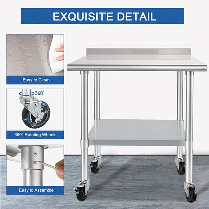 HARDURA Stainless Steel Table 30 x 36 Inches with Wheels Casters NSF Heavy Duty Commercial Prep Table with 2” Backsplash and Adjustable Undershelf for Restaurant Kitchen Home and Hotel