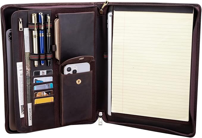 Handmade Crazy-Horse Leather Padfolio Portfolio, Easy to Carry with A Zippered Closure, Business Organizer Tablet Folio Folder with Letter Size Notepad, Gift for Women & Men (Dark Brown)