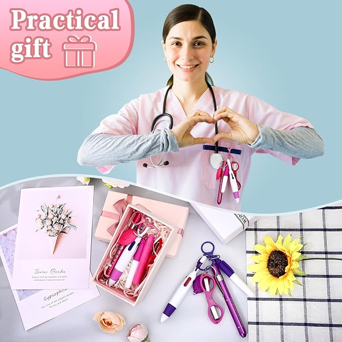 12 pcs Nurse Pen Set Two Colors Pink Purple Include Permanent Marker Pen Pen Lights for Nurses Retractable Ballpoint Pen Nursing Keychain Clip Foldable Scissors LED Flashlight Keychain for Nurses