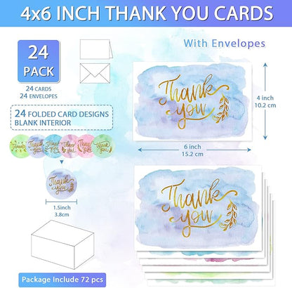 24 Pack Watercolor Thank You Cards with 24 Envelopes 24 Stickers 6 Designs Gold Letter Greeting Note Cards Thank You Notes Round Envelope Seal Stickers for Wedding Graduation(Cute Style)