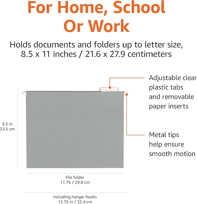 Amazon Basics Sturdy Hanging File Folders, Letter Size, Gray, 25-Pack