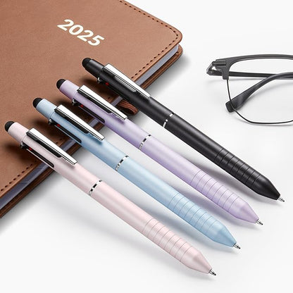 Sooez Multicolor Pen in One, Sleek Metallic 4 Color Ballpoint Pens, Medium Point (1.0mm), Retractable Ball Pen with Stylus Tip, Journaling Planner Pens for Nursing School Office Supplies, 3 Pack