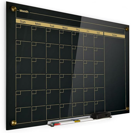 Real Glass Dry Erase Monthly Calendar, Extra Large 24" x 36", Tempered Glass Surface, Frameless Wall Mount, with 4 Assorted Color Markers and Eraser, by Better Office Products (Jet Black/Gold Print)