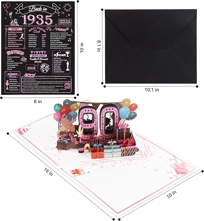 90th Birthday Card for Women, Jumbo 3D Pop Up 90th Birthday Gifts for Mom Grandma, Back In 1935 Happy 90 Year Old Sister Birthday Decorations Cards Card for Her, Rose Gold