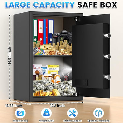 1.1 Cuft Home Safe Box with Fireproof Waterproof Bag, Large Security Digital Document Safes with LCD Keypad Keys, Anti-Theft Alert, Hidden Code Mode, Personal Combination Money Safe For Jewelry Office