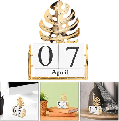 SUPVOX Wooden Block Calendar for Desk Daily Desktop Perpetual Calendar Wood Month Date Display Blocks Farmhouse Desk Accessories for Home Office Decor Reusable Yearly Monstera Leaf Design