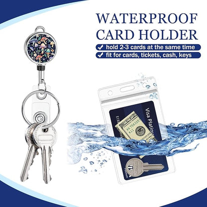 Giancomics Lanyards for Id Badges, Mushroom Cute Lanyards with Retractable Reel, Waterproof ID Badge Holder for Cruise Ships Cards Key, Office Work Name Tag Zip Card Protector 2 Pack