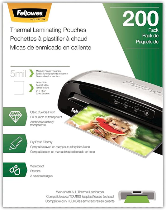 Fellowes Thermal Laminating Pouches, Letter Size Sheets, 5mil 200pk, Clear (5743601)