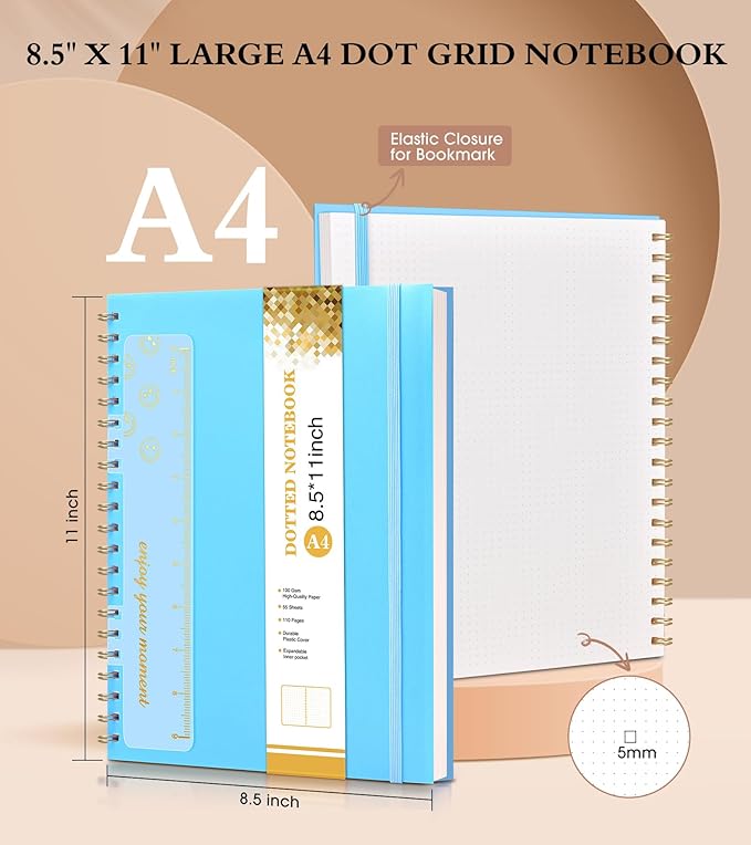 Dotted Notebook, Spiral Notebook Journal 8.5” x 11”, A4 Large Dot Grid Notebooks for Women Men, 100 GSM Dotted Paper, Plastic Hardcover Spiral Bullet Dotted Journals for Work School Sketching, Blue