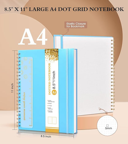 Dotted Notebook, Spiral Notebook Journal 8.5” x 11”, A4 Large Dot Grid Notebooks for Women Men, 100 GSM Dotted Paper, Plastic Hardcover Spiral Bullet Dotted Journals for Work School Sketching, Blue
