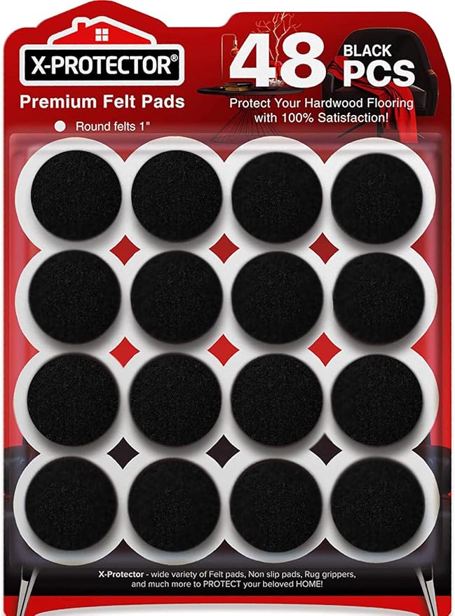 Felt Furniture Pads X-PROTECTOR - 48 Premium Floor Protector Chair Felts for Feet Wood Floors Best Hardwood Protect Your Hard Floors! (Black)