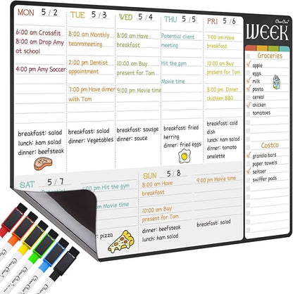 Magnetic Dry Erase Weekly Calendar - 17"x12" Weekly Planner for Fridge - 6 Extra Fine Point Markers Included - Shipped Flat