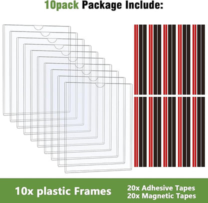 10 Pcs Wall Sign Holder 8.5"x11" Magnetic Sign Holder, Rigid Print Protectors with Adhesive & Magnetic Tapes, Wall Mount Plastic Paper Holder for Office Store Home Window Display (Clear)