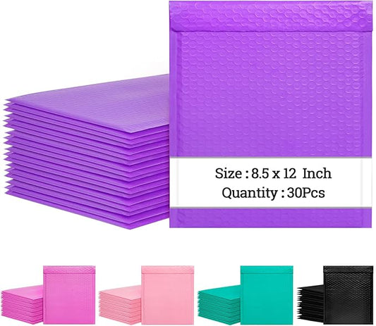 8.5 x 12 Inch Bubble Mailers, 30 Pack Self-Seal Poly Padded Envelope, Waterproof Shipping Bags for Small Business, Purple