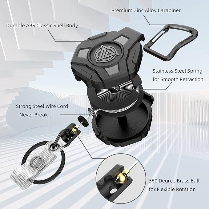 2 Pack Retractable Keychain, Heavy Duty Carabiner Badge Holder, Tactical ID Badge Reel with 31.5'' Coated Steel Cord, Bearing 8.0 oz- Black