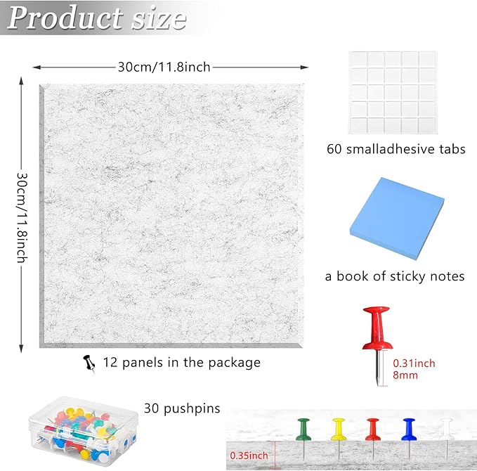 Large Cork Board Alternative for Walls, 47"x35" 12 Pack Felt Wall Tiles Bulletin Board with 30 Push Pins, Sticky Notes, Cork Boards for Office Pin Board Tack Board Felt Boards (Light Gray)