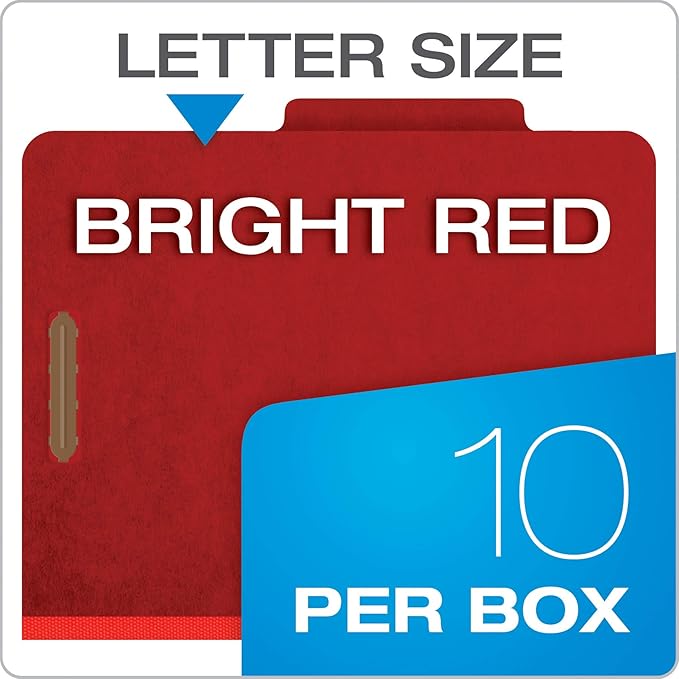 Pendaflex® Classification Folders, Standard, 1 Divider, Embedded Fasteners, 2/5 Cut Tab, Bright Red, Letter, 10/BX (23731) (Pack of 2)