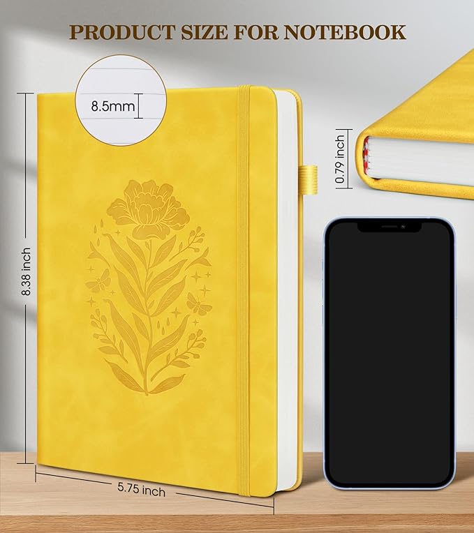 Lined Journal Notebook for Women, A5 Yellow Hardcover Leather Journals for Writing, 200 Pages Travel Daily Journal,Thick College Ruled Notebook for Work School, Note Taking, Business 5.75'' X 8.38''