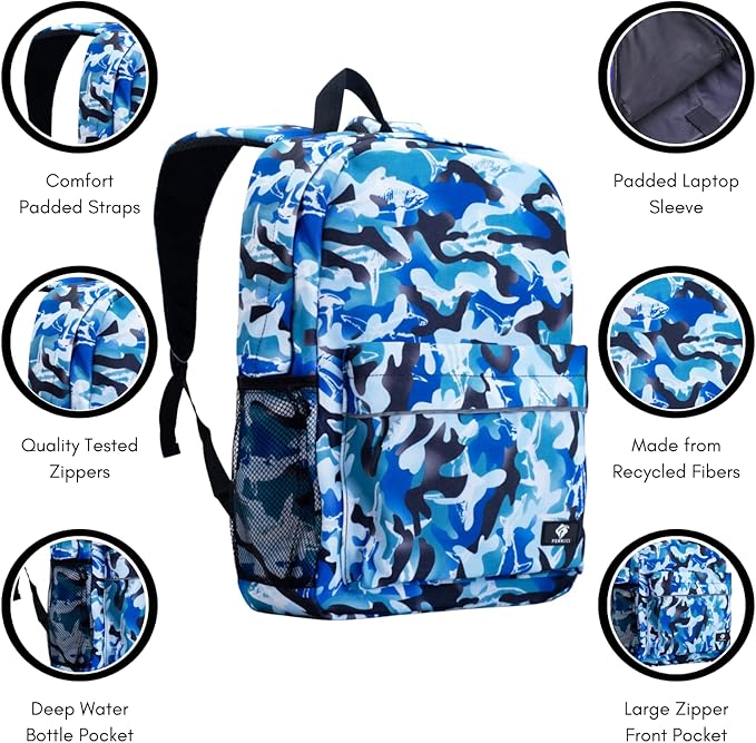 Fenrici Shark Backpack for Boys, Girls, Kids’ Camo Backpack for School, Lightweight, Durable, Multiple Compartments, Blue