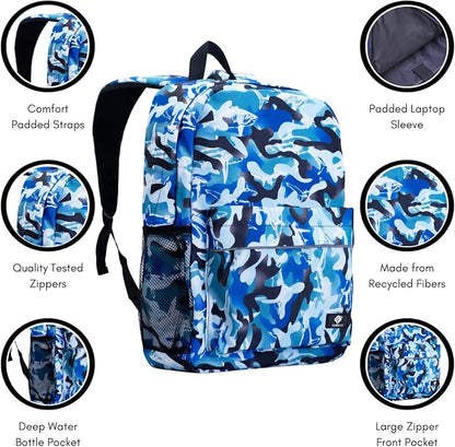 Fenrici Shark Backpack for Boys, Girls, Kids’ Camo Backpack for School, Lightweight, Durable, Multiple Compartments, Blue